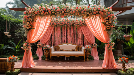 indian wedding stage decoration with flower arrangementsの素材