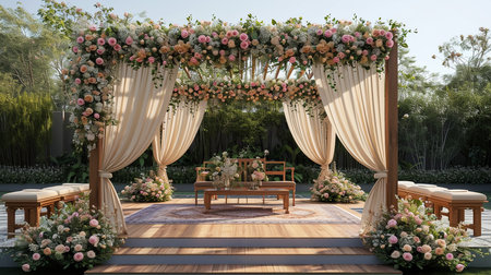 Luxury Wedding Arch with floral decorations in the form of big vases and bouquets, tall white backdrop and tall flowers postの素材