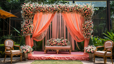 indian wedding stage decoration with flower arrangementsの素材