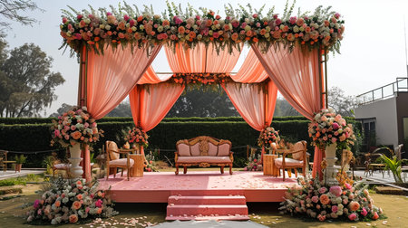 Luxury Wedding Arch with floral decorations in the form of big vases and bouquets, tall white backdrop and tall flowers postの素材
