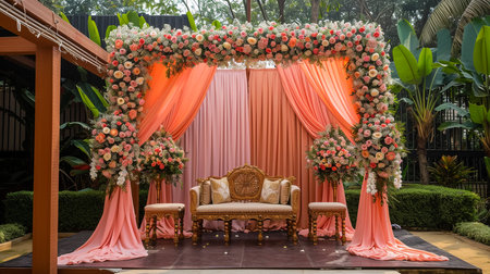 indian wedding stage decoration with flower arrangementsの素材