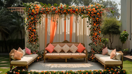 Luxury Wedding Arch with floral decorations in the form of big vases and bouquets, tall white backdrop and tall flowers postの素材