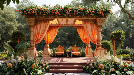 Luxury Wedding Arch with floral decorations in the form of big vases and bouquets, tall white backdrop and tall flowers postの素材