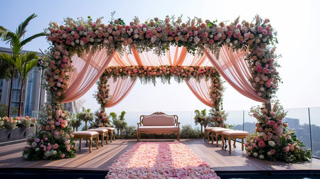 indian wedding stage decoration with flower arrangementsの素材