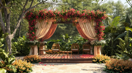 Luxury Wedding Arch with floral decorations in the form of big vases and bouquets, tall white backdrop and tall flowers postの素材