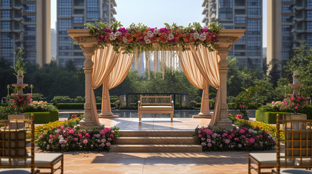 indian wedding stage decoration with flower arrangementsの素材