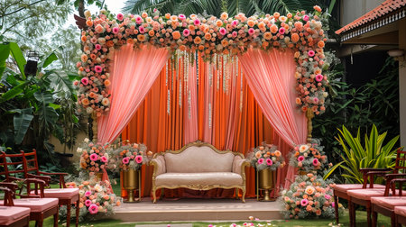 Luxury Wedding Arch with floral decorations in the form of big vases and bouquets, tall white backdrop and tall flowers postの素材