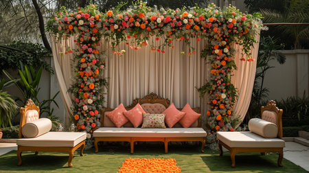 Luxury Wedding Arch with floral decorations in the form of big vases and bouquets, tall white backdrop and tall flowers postの素材