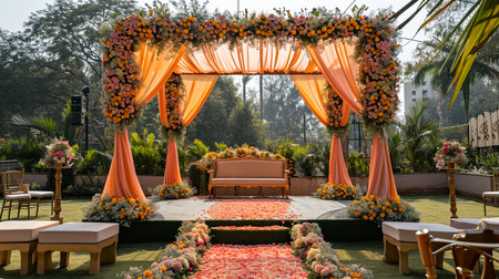 Luxury Wedding Arch with floral decorations in the form of big vases and bouquets, tall white backdrop and tall flowers postの素材