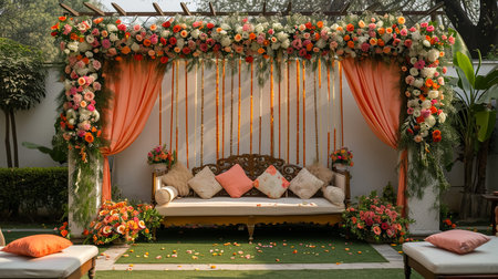 Luxury Wedding Arch with floral decorations in the form of big vases and bouquets, tall white backdrop and tall flowers postの素材
