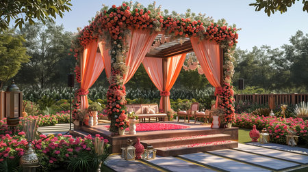 Luxury Wedding Arch with floral decorations in the form of big vases and bouquets, tall white backdrop and tall flowers postの素材