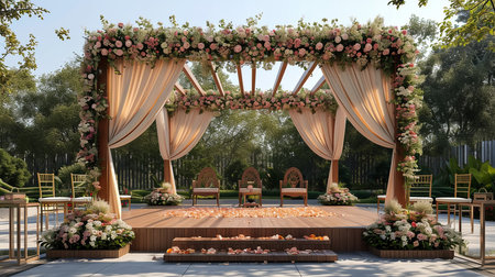 Luxury Wedding Arch with floral decorations in the form of big vases and bouquets, tall white backdrop and tall flowers postの素材