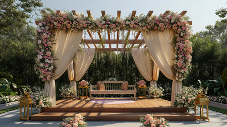 Luxury Wedding Arch with floral decorations in the form of big vases and bouquets, tall white backdrop and tall flowers postの素材