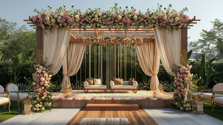 Luxury Wedding Arch with floral decorations in the form of big vases and bouquets, tall white backdrop and tall flowers postの素材