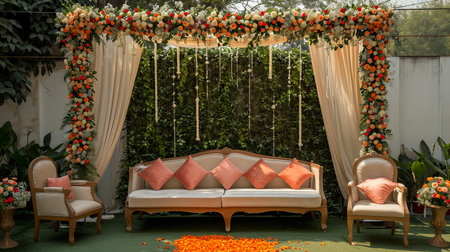 Luxury Wedding Arch with floral decorations in the form of big vases and bouquets, tall white backdrop and tall flowers postの素材