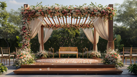 Luxury Wedding Arch with floral decorations in the form of big vases and bouquets, tall white backdrop and tall flowers postの素材