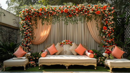 Luxury Wedding Arch with floral decorations in the form of big vases and bouquets, tall white backdrop and tall flowers postの素材