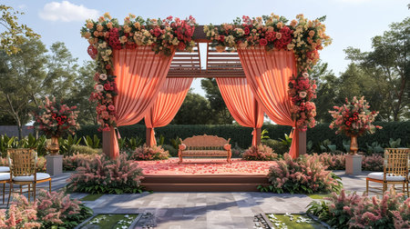 Luxury Wedding Arch with floral decorations in the form of big vases and bouquets, tall white backdrop and tall flowers postの素材