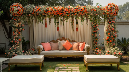 Luxury Wedding Arch with floral decorations in the form of big vases and bouquets, tall white backdrop and tall flowers postの素材