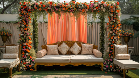 Luxury Wedding Arch with floral decorations in the form of big vases and bouquets, tall white backdrop and tall flowers postの素材