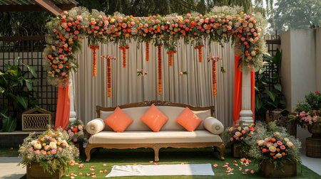 Luxury Wedding Arch with floral decorations in the form of big vases and bouquets, tall white backdrop and tall flowers postの素材