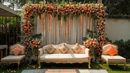 Luxury Wedding Arch with floral decorations in the form of big vases and bouquets, tall white backdrop and tall flowers postの素材