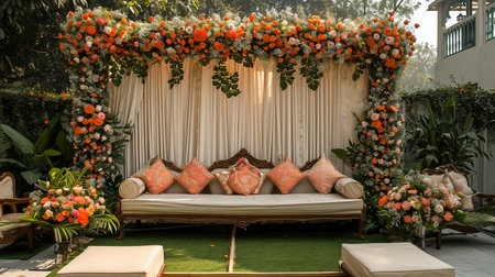 Luxury Wedding Arch with floral decorations in the form of big vases and bouquets, tall white backdrop and tall flowers postの素材