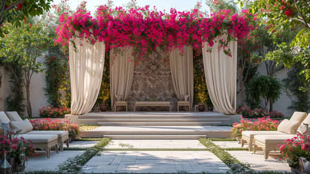 Luxury Wedding Arch with floral decorations in the form of big vases and bouquets, tall white backdrop and tall flowers postの素材