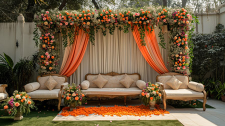Luxury Wedding Arch with floral decorations in the form of big vases and bouquets, tall white backdrop and tall flowers postの素材