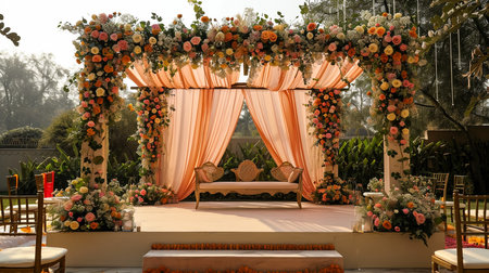 Wedding Ceremony Stage Decoration Background with Sofa and Flowers in Indian Pakistani Traditional Luxury Elegant Styleの素材