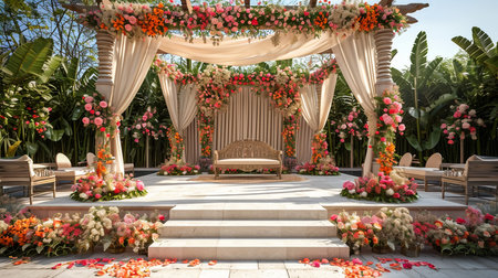 Wedding Ceremony Stage Decoration Background with Sofa and Flowers in Indian Pakistani Traditional Luxury Elegant Styleの素材