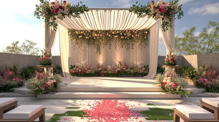 Wedding Ceremony Stage Decoration Background with Sofa and Flowers in Indian Pakistani Traditional Luxury Elegant Styleの素材