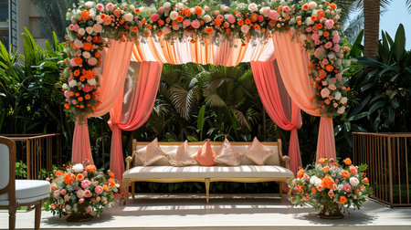 Wedding Ceremony Stage Decoration Background with Sofa and Flowers in Indian Pakistani Traditional Luxury Elegant Styleの素材