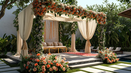 Wedding Ceremony Stage Decoration Background with Sofa and Flowers in Indian Pakistani Traditional Luxury Elegant Styleの素材