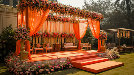 Wedding Ceremony Stage Decoration Background with Sofa and Flowers in Indian Pakistani Traditional Luxury Elegant Styleの素材