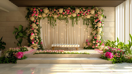 Wedding Ceremony Stage Decoration Background with Sofa and Flowers in Indian Pakistani Traditional Luxury Elegant Styleの素材