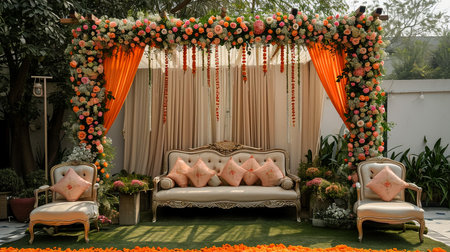 Wedding Ceremony Stage Decoration Background with Sofa and Flowers in Indian Pakistani Traditional Luxury Elegant Styleの素材