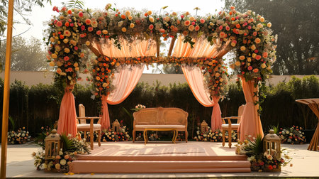 Wedding Ceremony Stage Decoration Background with Sofa and Flowers in Indian Pakistani Traditional Luxury Elegant Styleの素材