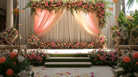 Wedding Ceremony Stage Decoration Background with Sofa and Flowers in Indian Pakistani Traditional Luxury Elegant Styleの素材