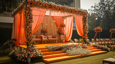 Wedding Ceremony Stage Decoration Background with Sofa and Flowers in Indian Pakistani Traditional Luxury Elegant Styleの素材