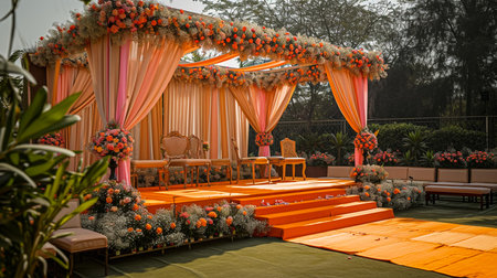 Wedding Ceremony Stage Decoration Background with Sofa and Flowers in Indian Pakistani Traditional Luxury Elegant Styleの素材