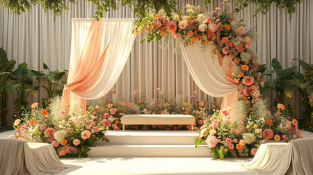 Wedding Ceremony Stage Decoration Background with Sofa and Flowers in Indian Pakistani Traditional Luxury Elegant Styleの素材