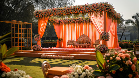 Wedding Ceremony Stage Decoration Background with Sofa and Flowers in Indian Pakistani Traditional Luxury Elegant Styleの素材