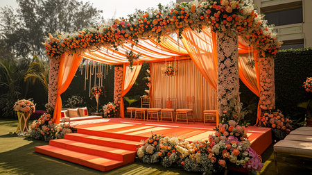 Wedding Ceremony Stage Decoration Background with Sofa and Flowers in Indian Pakistani Traditional Luxury Elegant Styleの素材