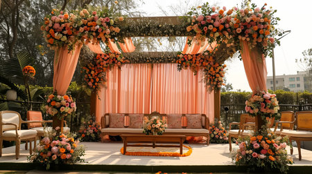 Wedding Ceremony Stage Decoration Background with Sofa and Flowers in Indian Pakistani Traditional Luxury Elegant Styleの素材