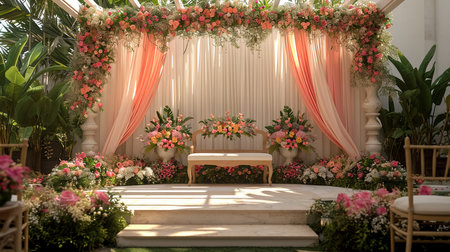 Wedding Ceremony Stage Decoration Background with Sofa and Flowers in Indian Pakistani Traditional Luxury Elegant Styleの素材