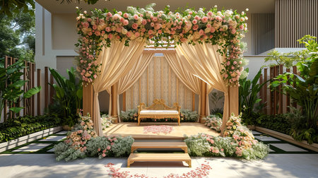 Wedding Ceremony Stage Decoration Background with Sofa and Flowers in Indian Pakistani Traditional Luxury Elegant Styleの素材