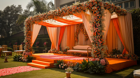 Wedding Ceremony Stage Decoration Background with Sofa and Flowers in Indian Pakistani Traditional Luxury Elegant Styleの素材
