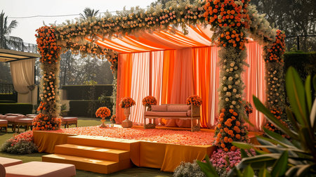 Wedding Ceremony Stage Decoration Background with Sofa and Flowers in Indian Pakistani Traditional Luxury Elegant Styleの素材