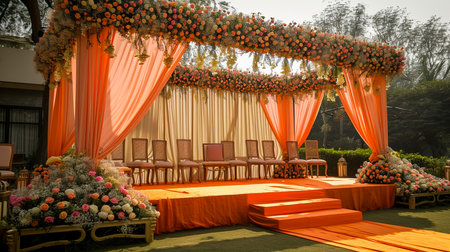 Wedding Ceremony Stage Decoration Background with Sofa and Flowers in Indian Pakistani Traditional Luxury Elegant Styleの素材
